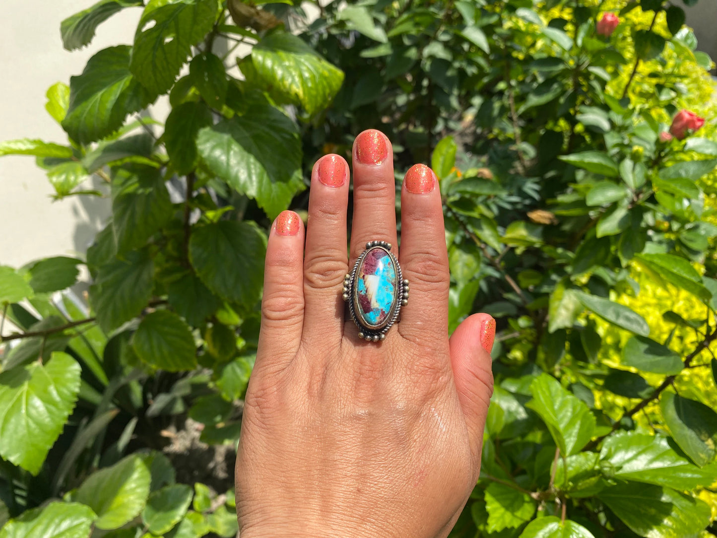 Handmade Adjustable Turquoise with Spiny Oyster Ring, Unique Two-Tone silver overlay brass Chunky Statement Ring, Hammered Bohemian Jewelry