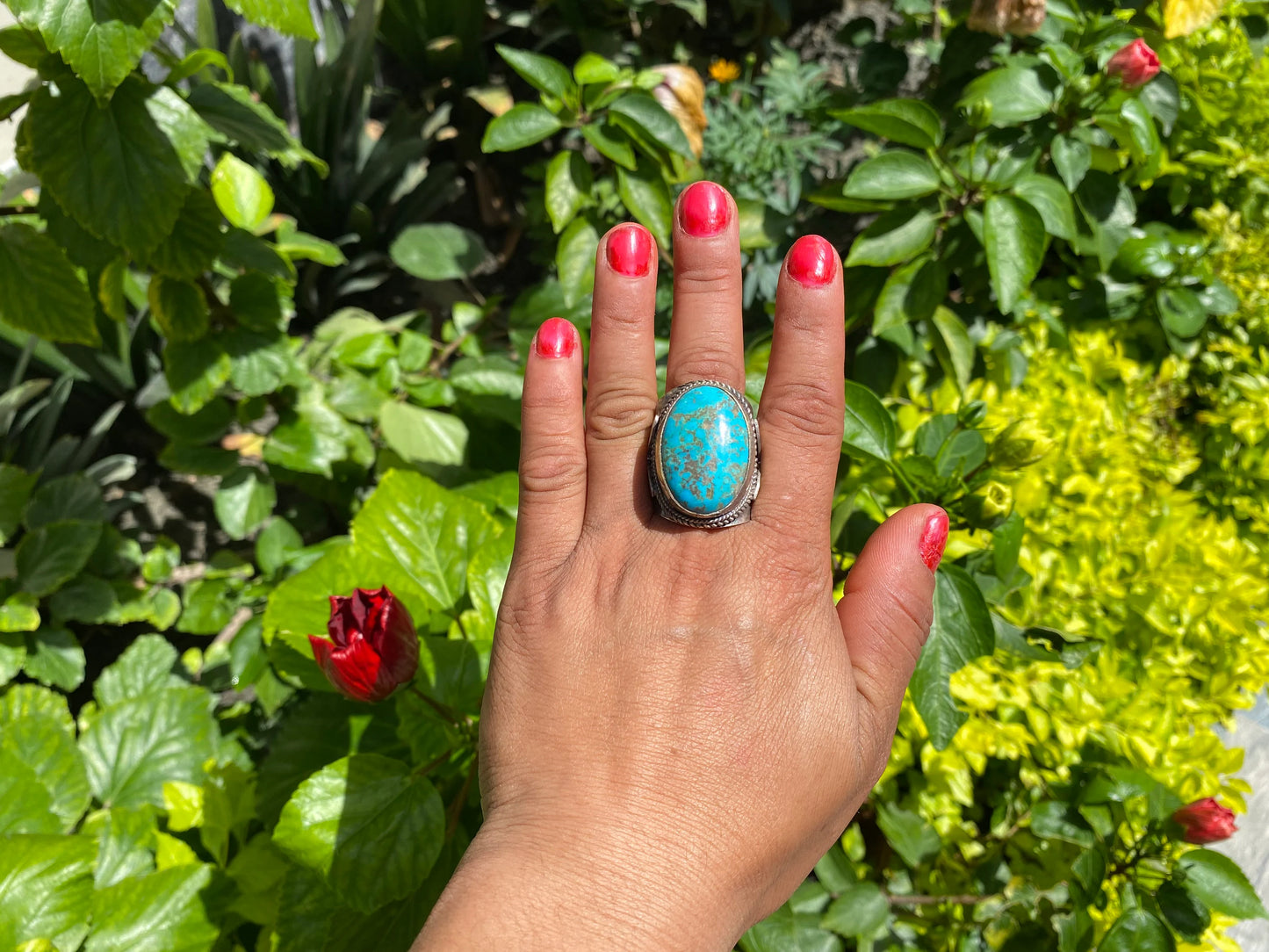 Natural Turquoise Two Tone Ring, Hammered Ring, Gold and Silver Overlay over Brass, Gift for her/him, Daily wear healing Adjustable Ring.