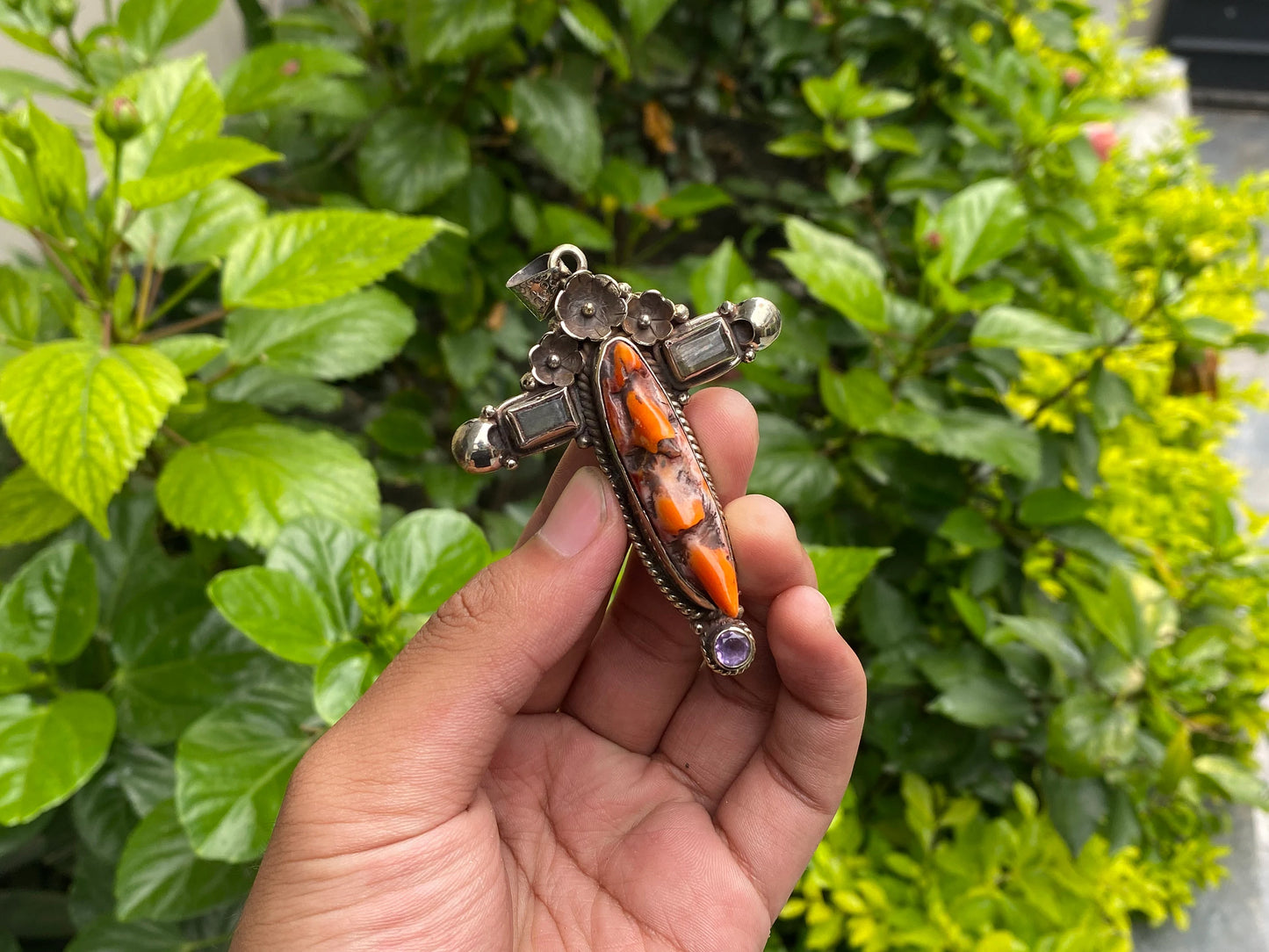 Handmade Boho Pendant - Spiny Orange Oyster & Tibetan Silver Cross, Unique Cross Pendant, Unisex Pendant, Daily wear Durable pendant.