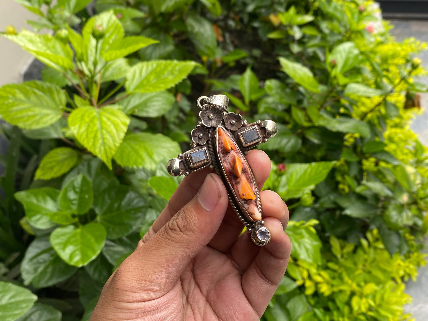 Handmade Boho Pendant - Spiny Orange Oyster & Tibetan Silver Cross, Unique Cross Pendant, Unisex Pendant, Daily wear Durable pendant.