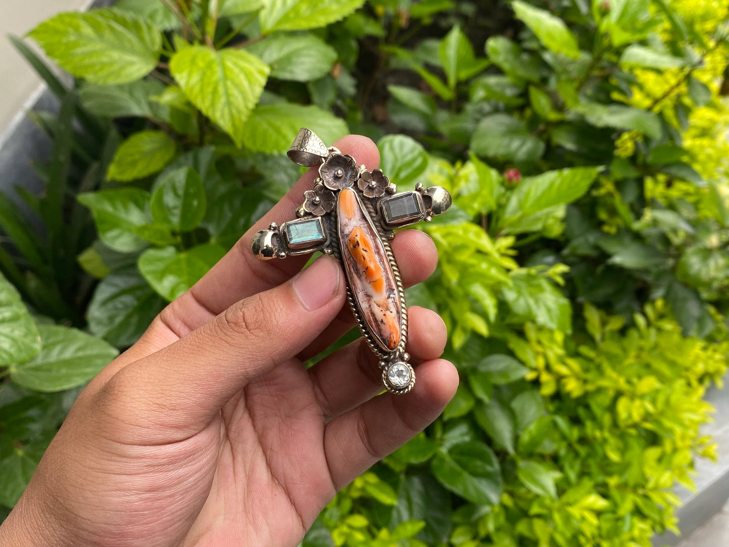 Handmade Boho Pendant - Spiny Orange Oyster & Tibetan Silver Cross, Unique Cross Pendant, Unisex Pendant, Daily wear Durable pendant.