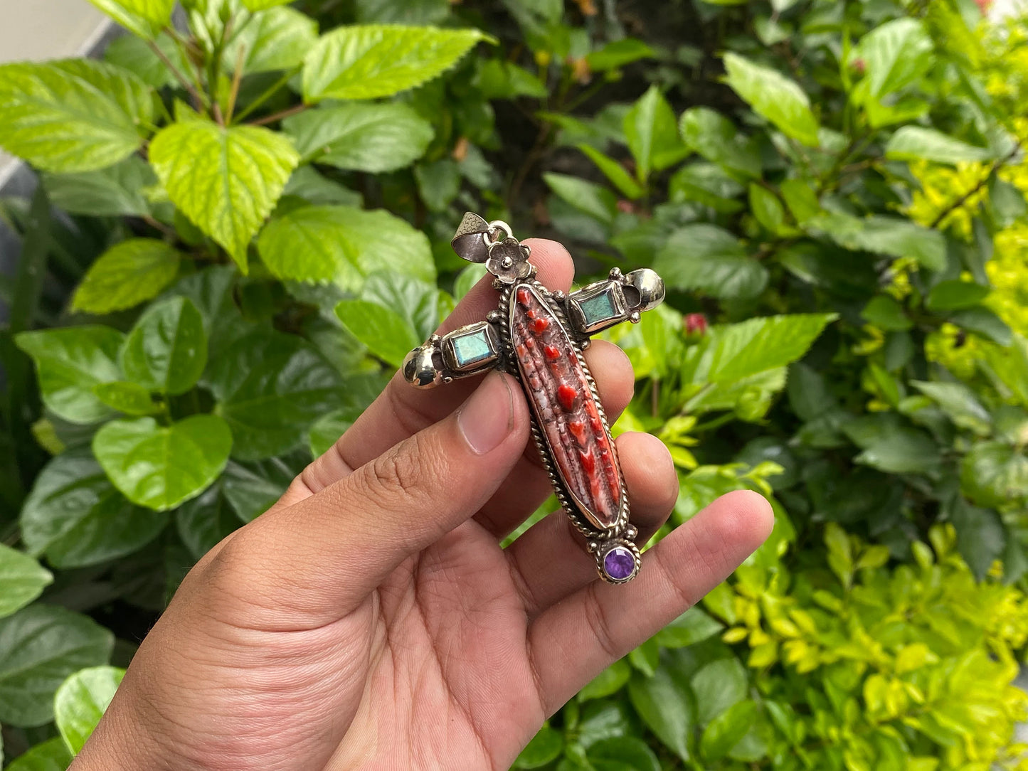Handmade Boho Pendant - Spiny Orange Oyster & Tibetan Silver Cross, Unique Cross Pendant, Unisex Pendant, Daily wear Durable pendant.