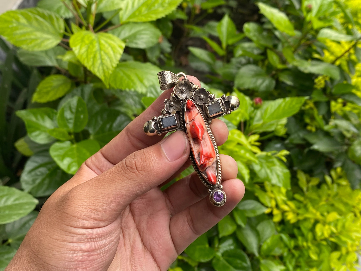 Handmade Boho Pendant - Spiny Orange Oyster & Tibetan Silver Cross, Unique Cross Pendant, Unisex Pendant, Daily wear Durable pendant.
