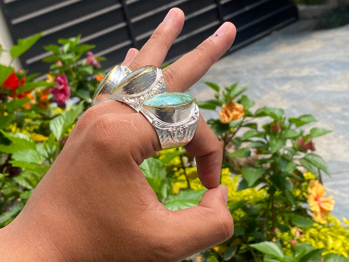Handmade Hammered Turquoise Ring, Adjustable Ring, Aesthetic Ring, Unisex Ring, Two Tone Ring, Gold and Silver overlay over Brass.