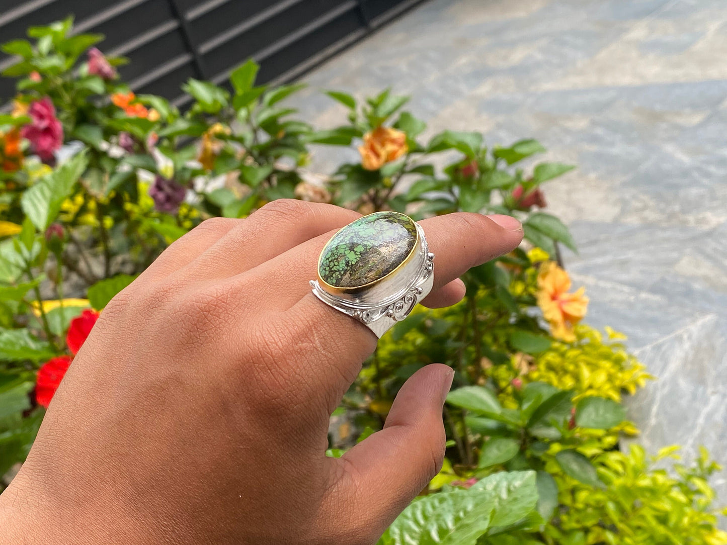 Handmade Hammered Turquoise Ring, Adjustable Ring, Aesthetic Ring, Unisex Ring, Two Tone Ring, Gold and Silver overlay over Brass.