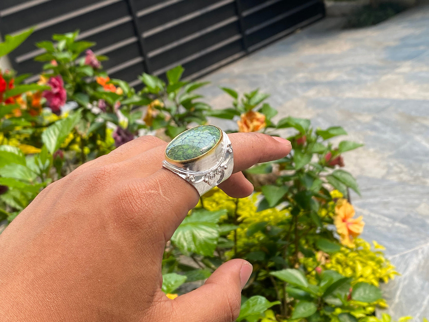 Handmade Hammered Turquoise Ring, Adjustable Ring, Aesthetic Ring, Unisex Ring, Two Tone Ring, Gold and Silver overlay over Brass.