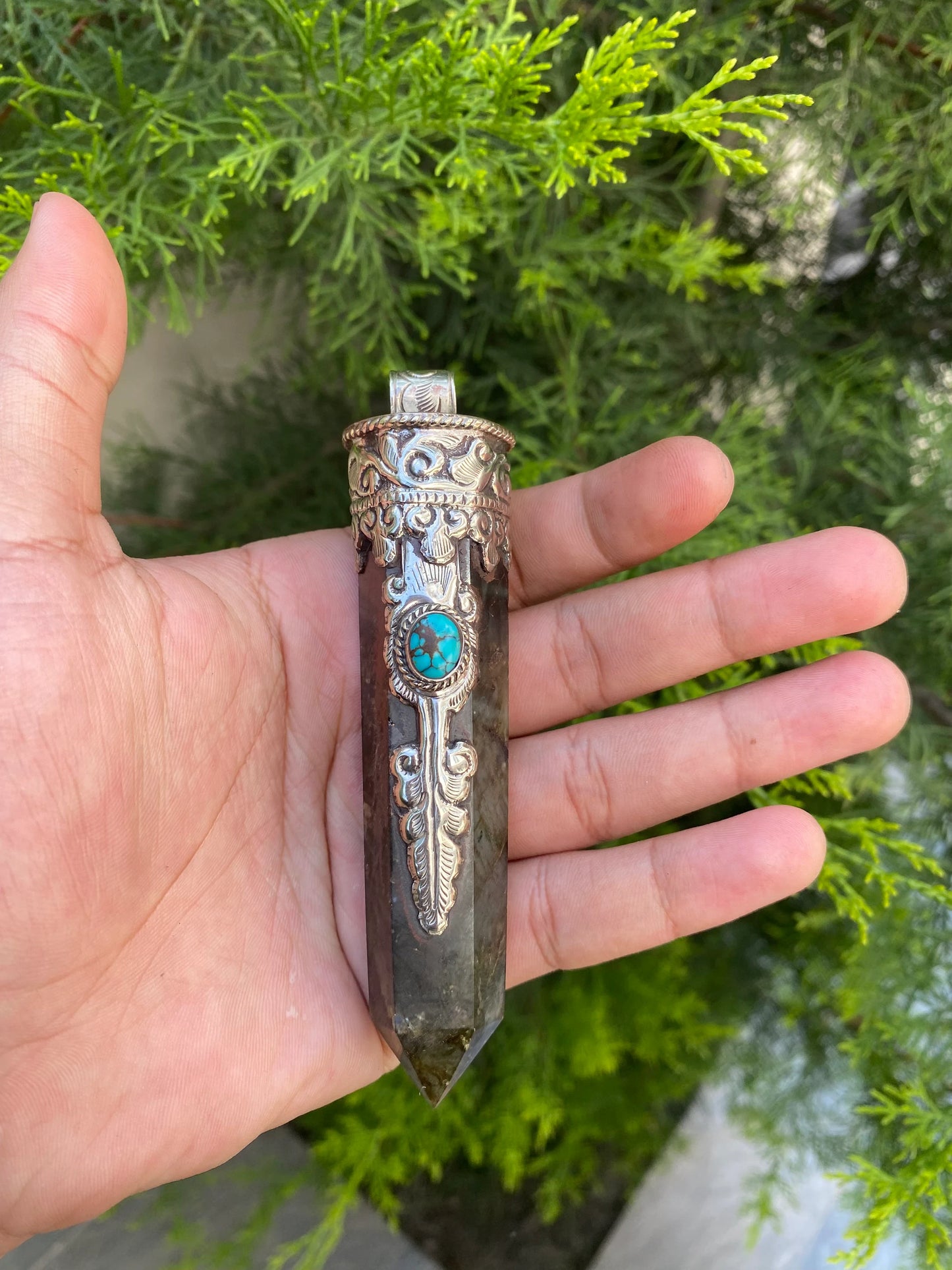 Handmade Labradorite Tibetan Silver Pendant with Turquoise, Gemstone Charm.