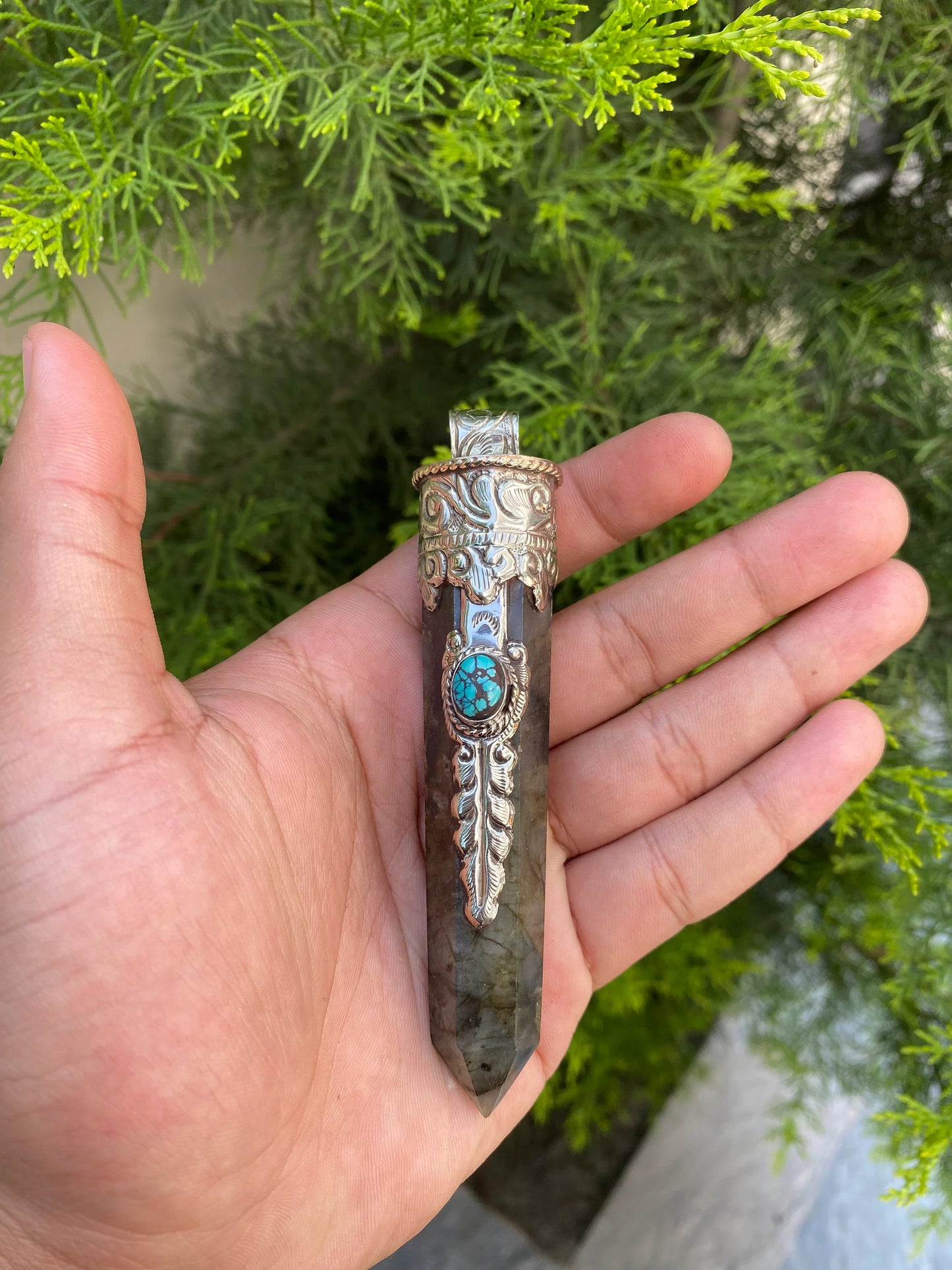 Handmade Labradorite Tibetan Silver Pendant with Turquoise, Gemstone Charm.