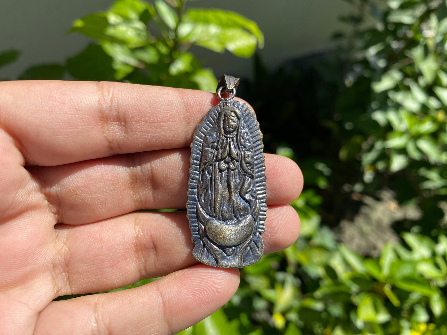 Handmade Lady of Guadalupe Virgin Mary in Tibetan Silver Overlay Brass Pendant | Blessed Mother, Catholic Medal, Religious Pendant.