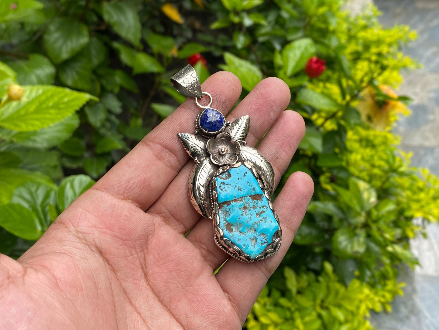 Handmade Nepalese Pendant: Turquoise, Lapis, and Floral Tibetan Silver, Timeless Unisex Turquoise and Lapis Pendant , Bohemian fashion.