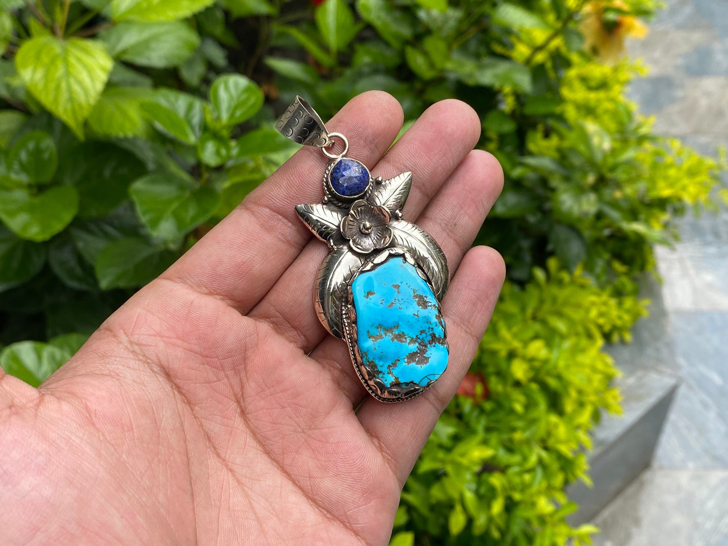 Handmade Nepalese Pendant: Turquoise, Lapis, and Floral Tibetan Silver, Timeless Unisex Turquoise and Lapis Pendant , Bohemian fashion.
