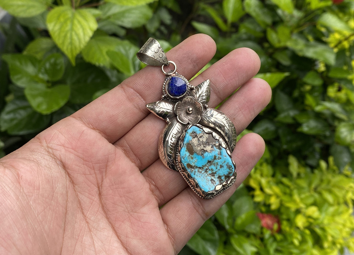 Handmade Nepalese Pendant: Turquoise, Lapis, and Floral Tibetan Silver, Timeless Unisex Turquoise and Lapis Pendant , Bohemian fashion.