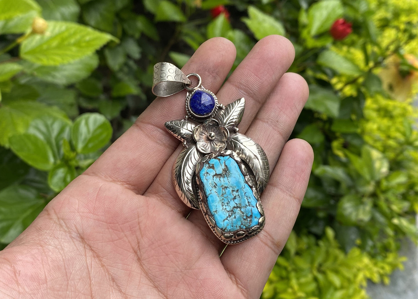 Handmade Nepalese Pendant: Turquoise, Lapis, and Floral Tibetan Silver, Timeless Unisex Turquoise and Lapis Pendant , Bohemian fashion.
