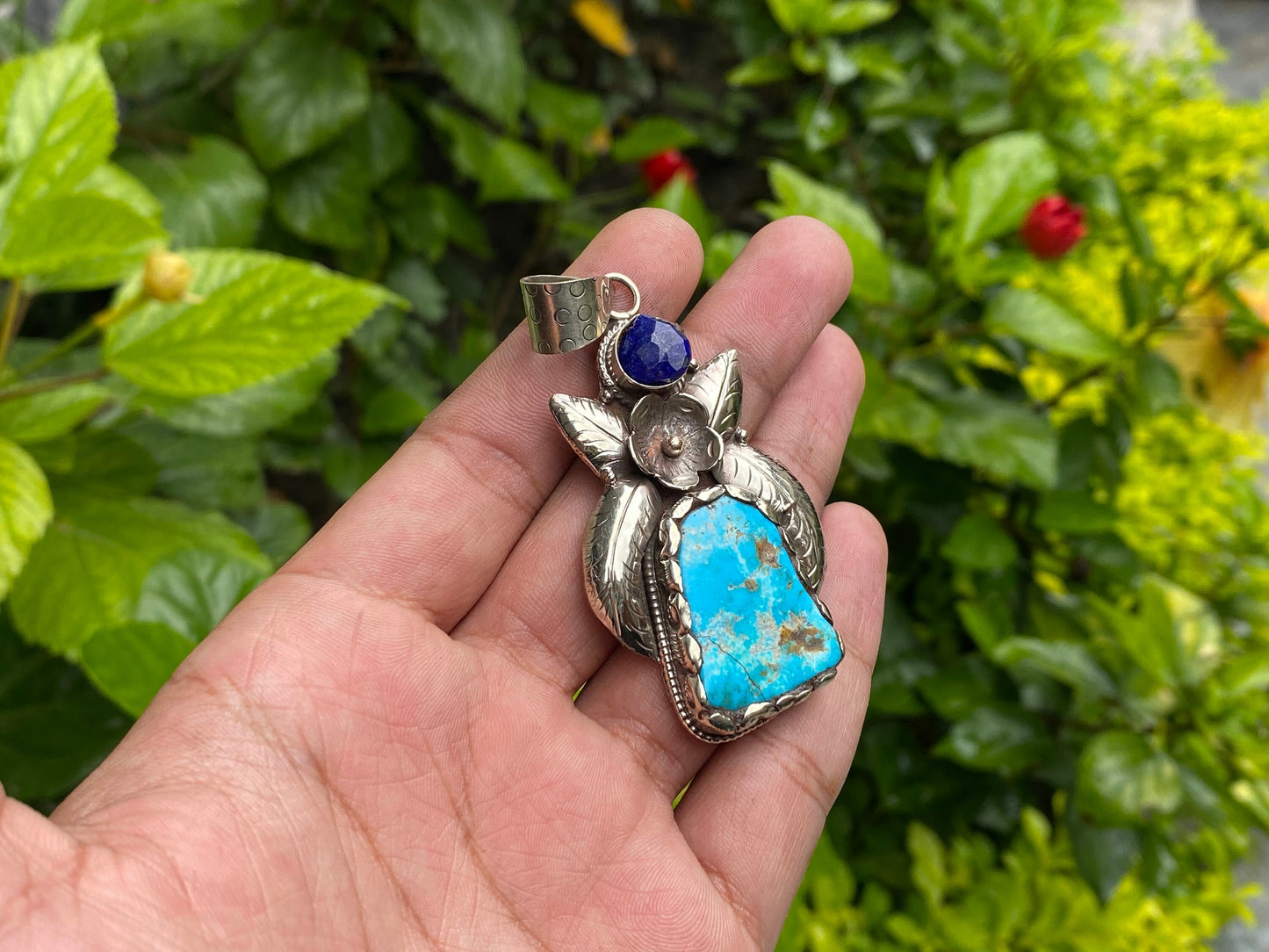 Handmade Nepalese Pendant: Turquoise, Lapis, and Floral Tibetan Silver, Timeless Unisex Turquoise and Lapis Pendant , Bohemian fashion.