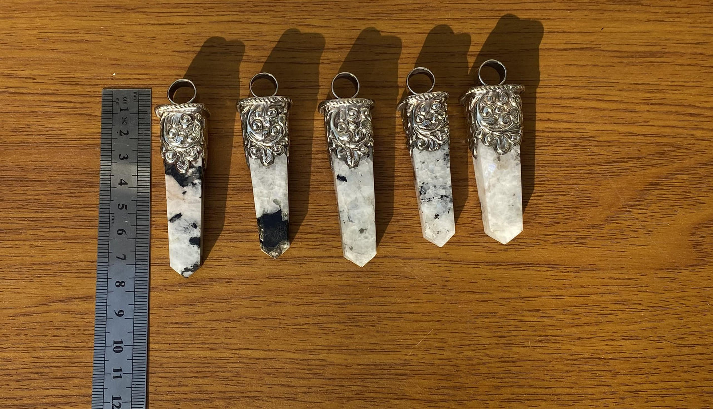 Handmade Pointed Moonstone Pendant in Tibetan Silver | Natural Stone Bohemian Jewelry, Unisex Healing Moonstone Pendant for Necklace