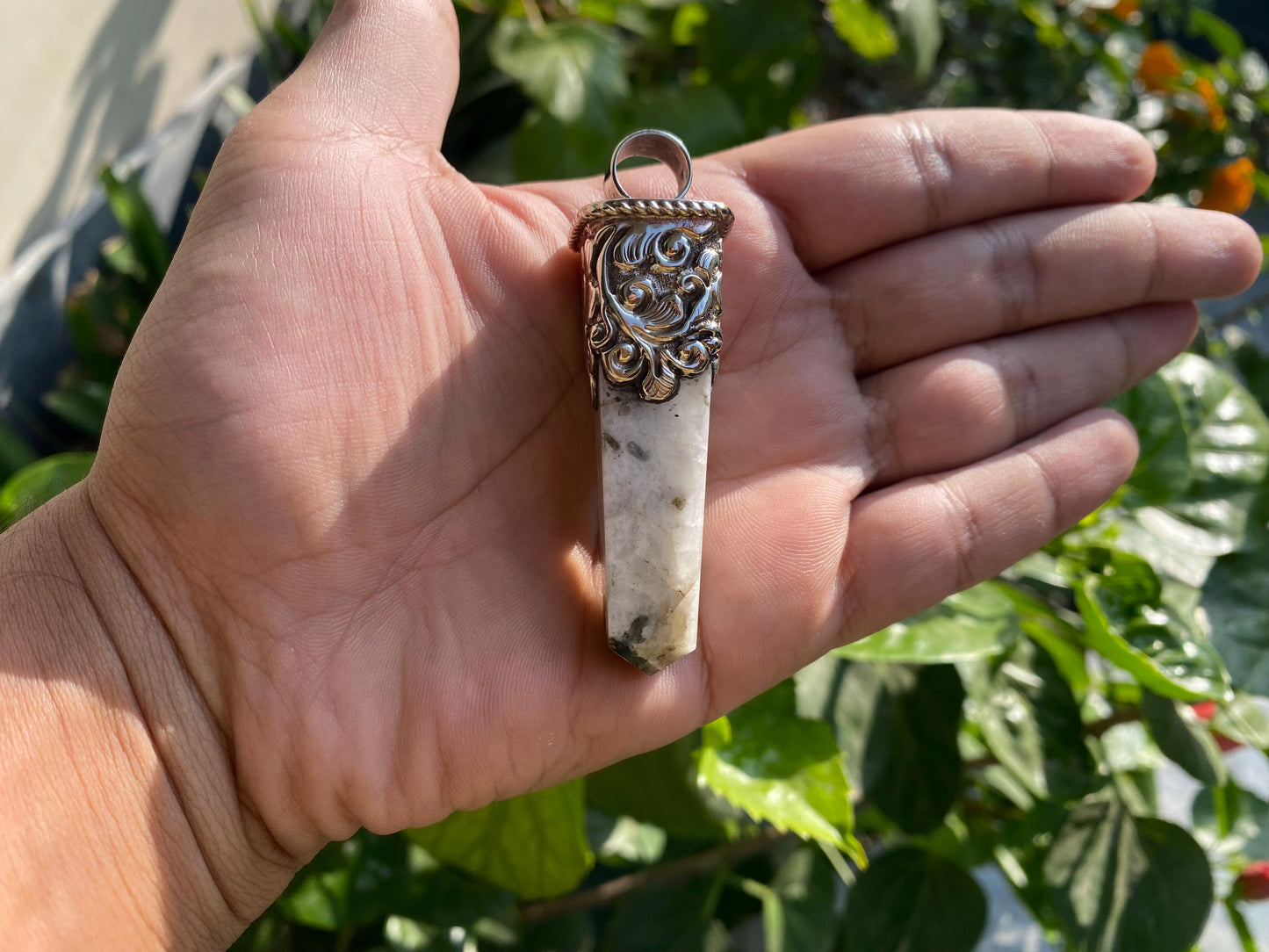 Handmade Pointed Moonstone Pendant in Tibetan Silver | Natural Stone Bohemian Jewelry, Unisex Healing Moonstone Pendant for Necklace