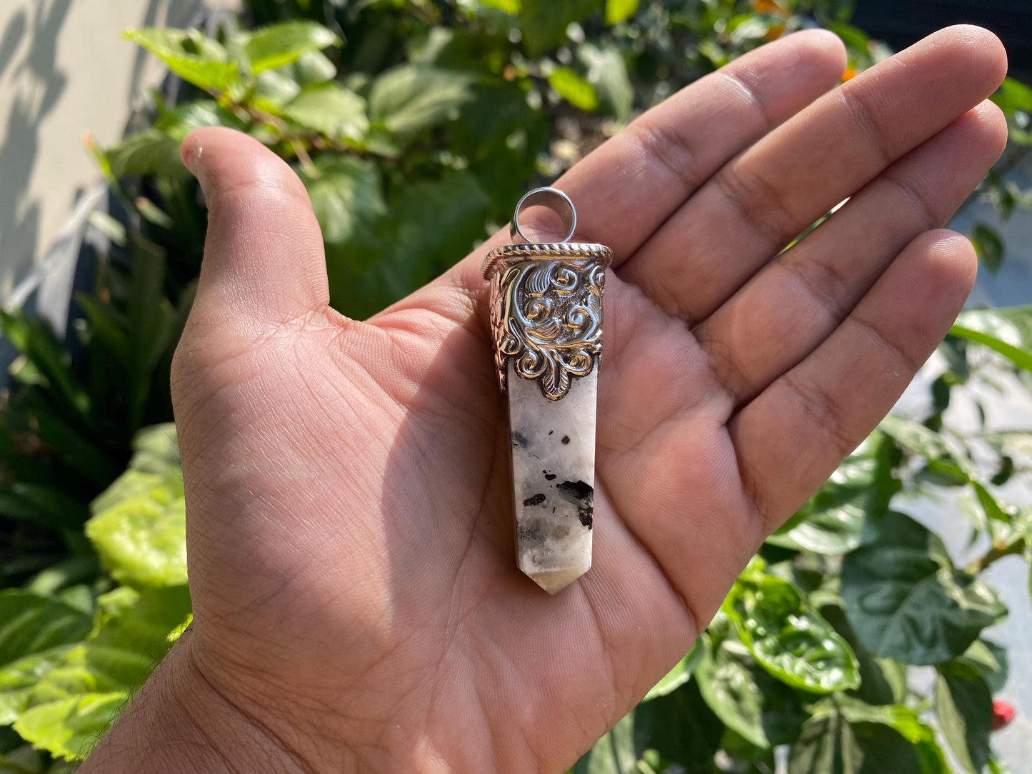 Handmade Pointed Moonstone Pendant in Tibetan Silver | Natural Stone Bohemian Jewelry, Unisex Healing Moonstone Pendant for Necklace