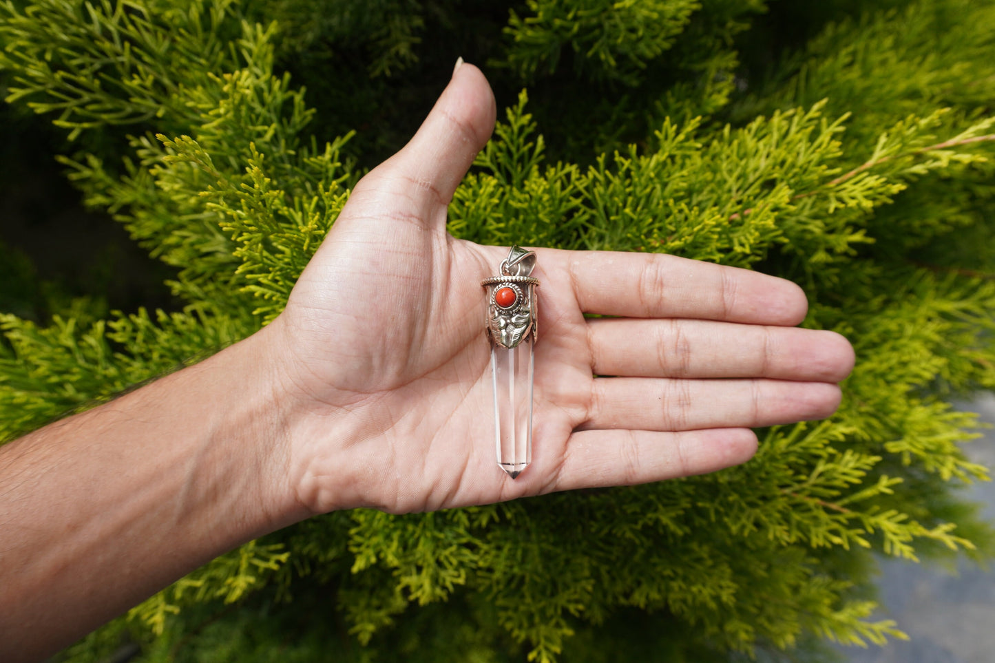 Handmade Red Coral Crystal Pendant in Tibetan Silver | Calming Healing Necklace, Daily Wear Pointed Pendant,Unique Boho Jewelry Gift for Her