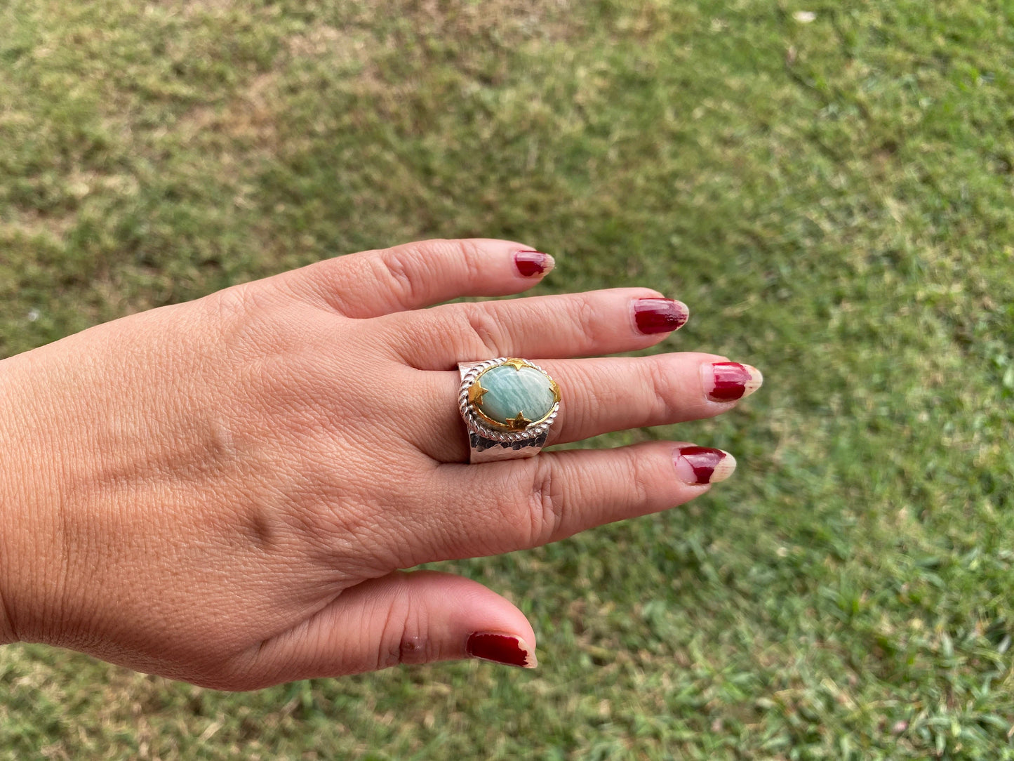 Adjustable Amazonite Natural Stone Two Tone Ring, Gold and Silver Overlay, Handmade Ring, Women Jewelry, Bohemian Jewelry, Energy Stone Ring