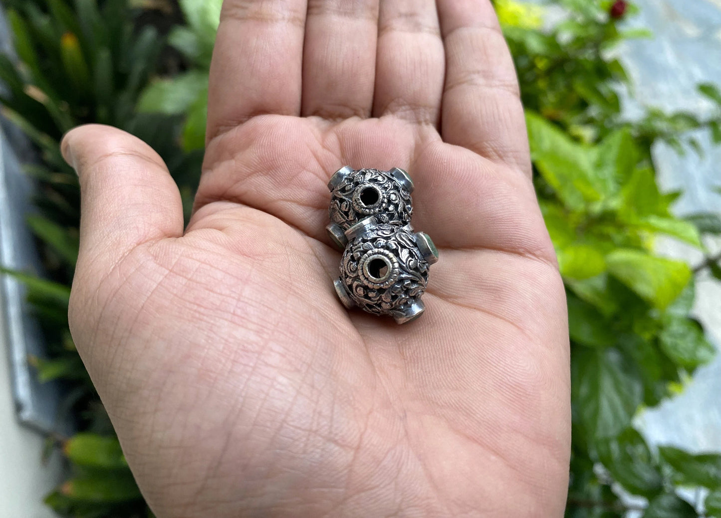 Handmade Round Shape Tibetan Copper Spacer Beads with Emerald Inlay | Ethnic Mala Beads for Necklace, Bracelet Charm, Unique Jewelry Beads