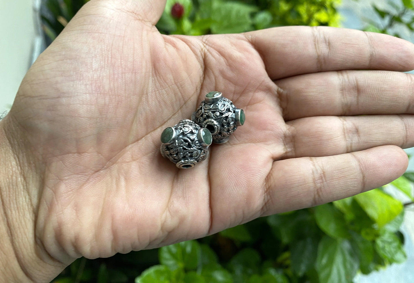 Handmade Round Shape Tibetan Copper Spacer Beads with Emerald Inlay | Ethnic Mala Beads for Necklace, Bracelet Charm, Unique Jewelry Beads