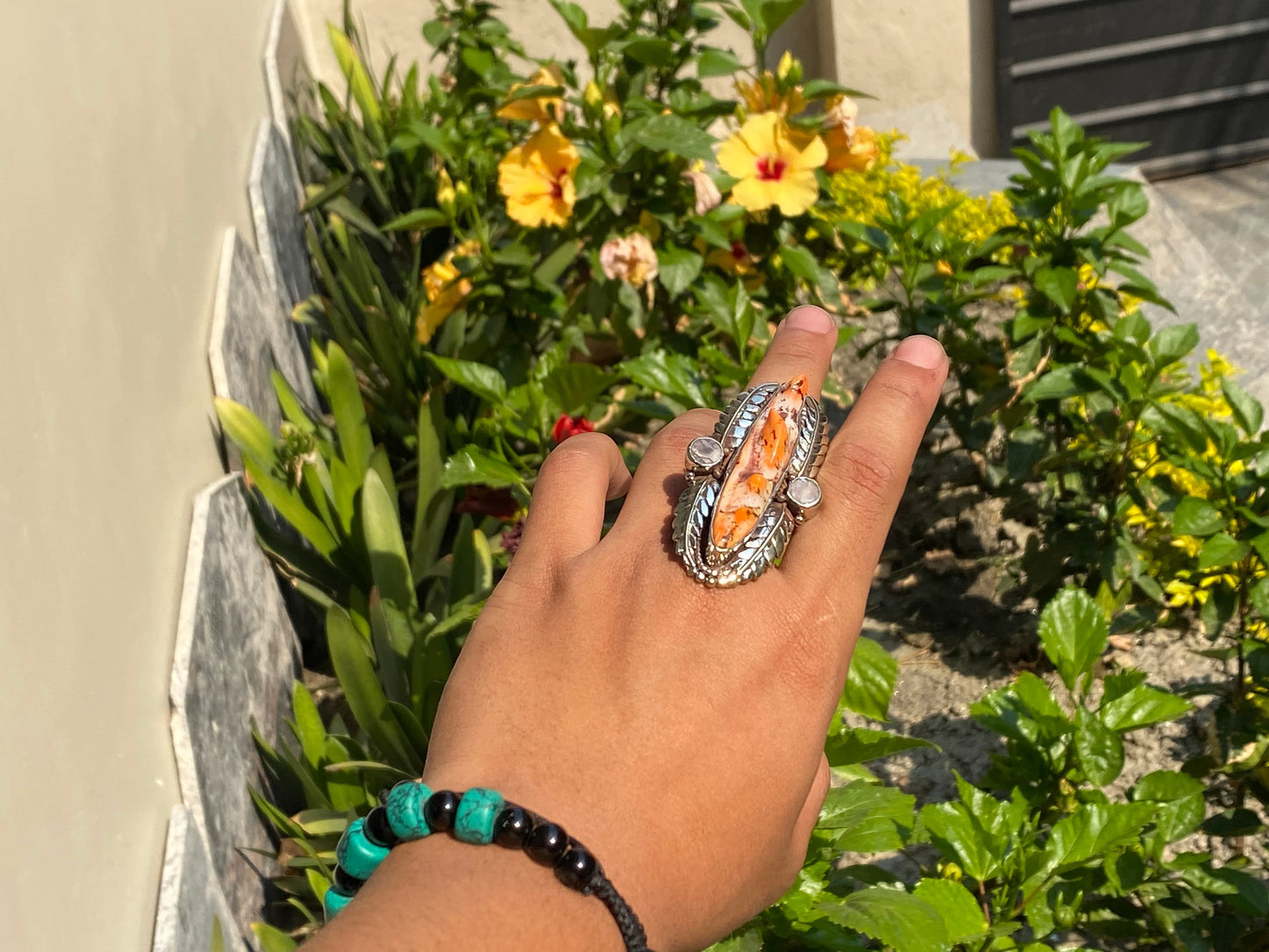 Nature's Embrace: Handmade Spiny Oyster Shell Silver Ring, Hammered Ring, Adjustable ring