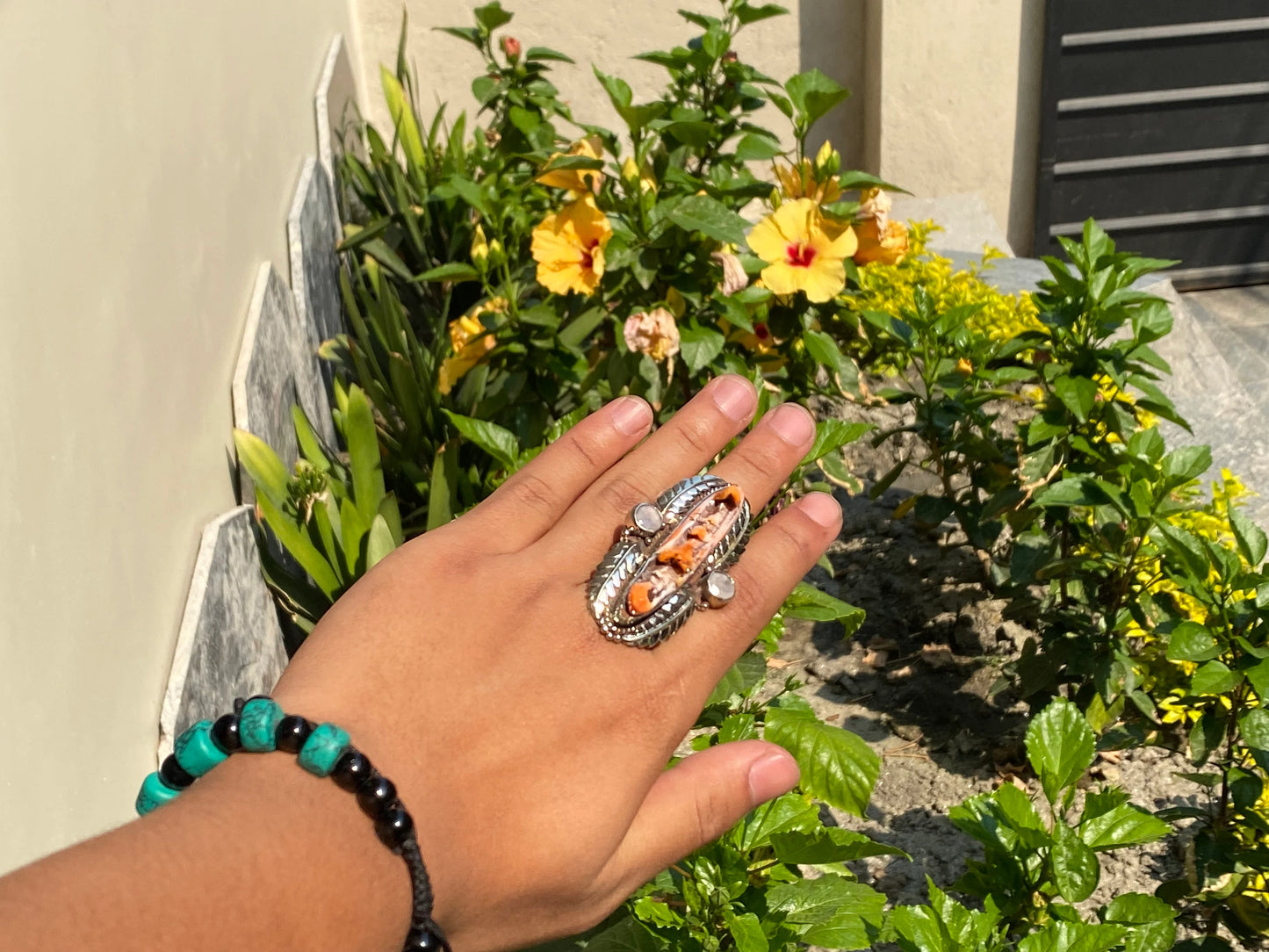 Nature's Embrace: Handmade Spiny Oyster Shell Silver Ring, Hammered Ring, Adjustable ring