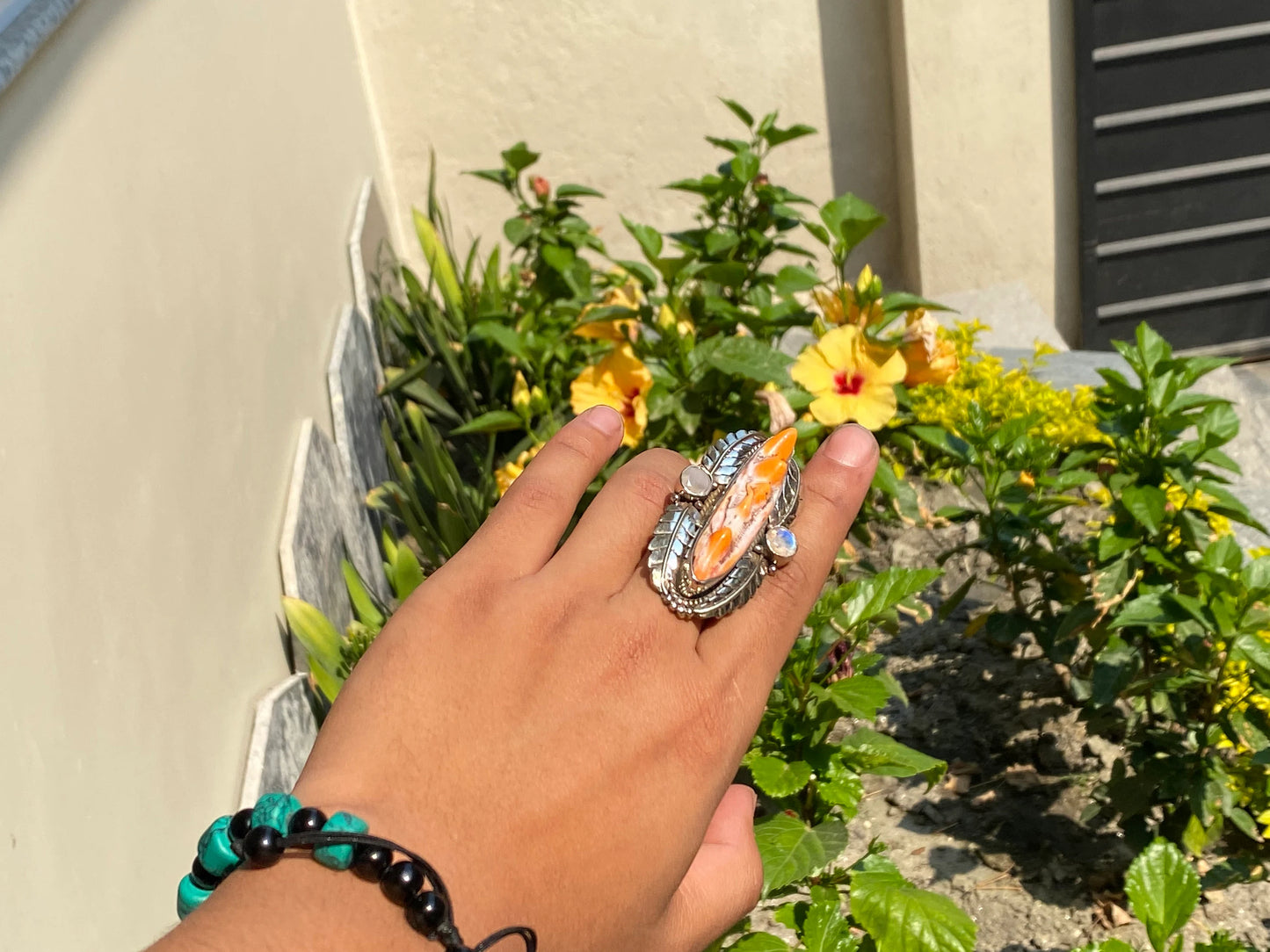 Nature's Embrace: Handmade Spiny Oyster Shell Silver Ring, Hammered Ring, Adjustable ring