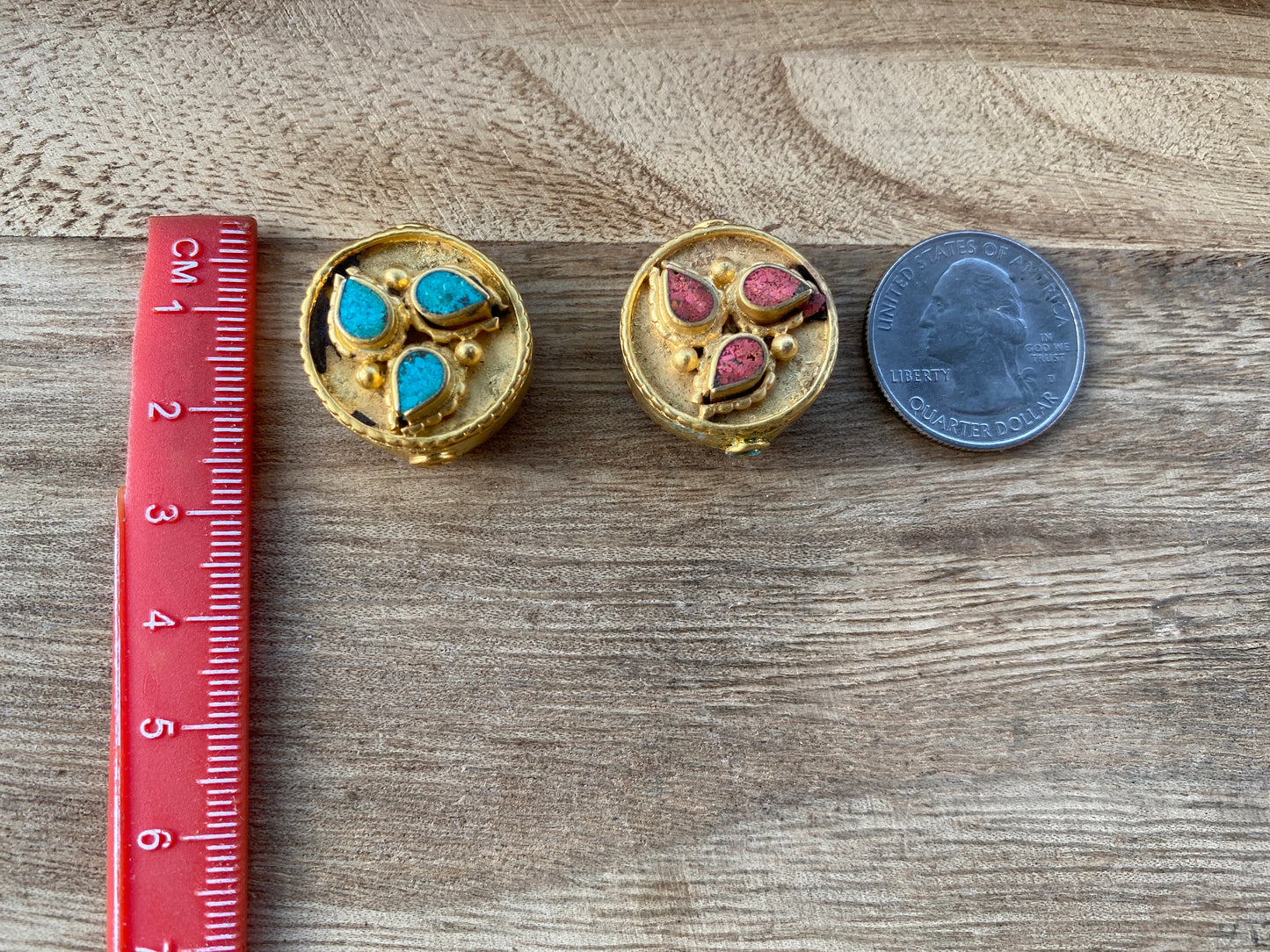 Handmade Tibetan Bead, High Quality Brushed Gold Overlay with Anti Tarnish, Coral Inlaid Necklace Bead, Himalayan Ethnic Bead