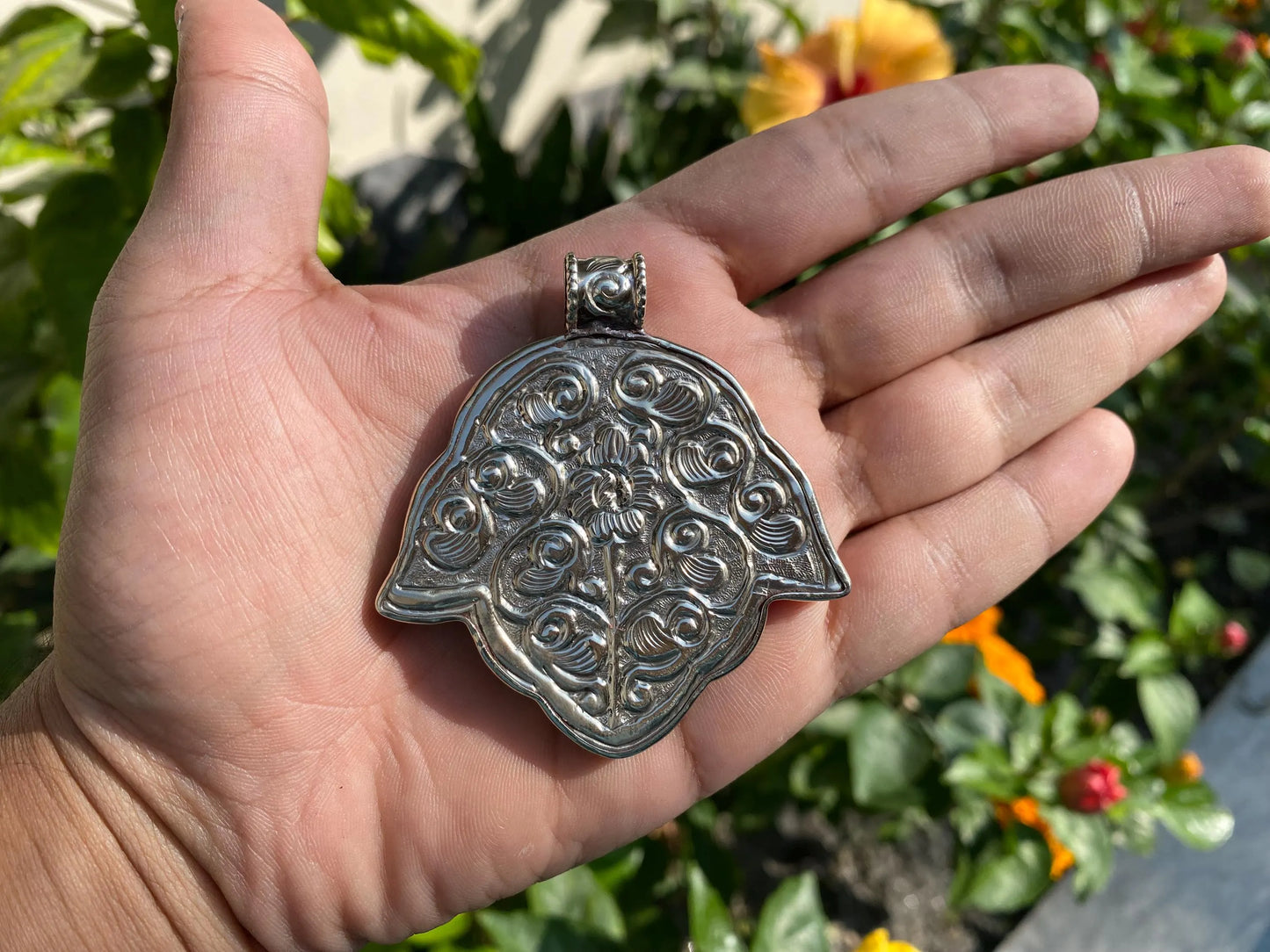 Handmade Tibetan Silver Pendant with Snail and Floral Design Carving | Pendant for Necklace, Bohemian Statement Jewelry, Unisex Daily Wear