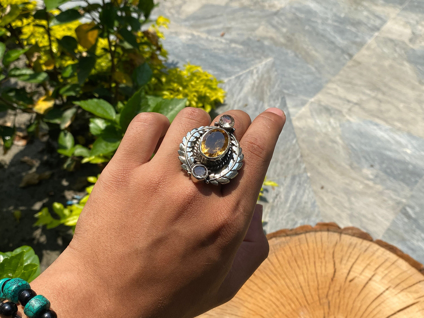 Handmade Tibetan Silver Ring Adorned with Critine and White Topaz, Unisex Ring.