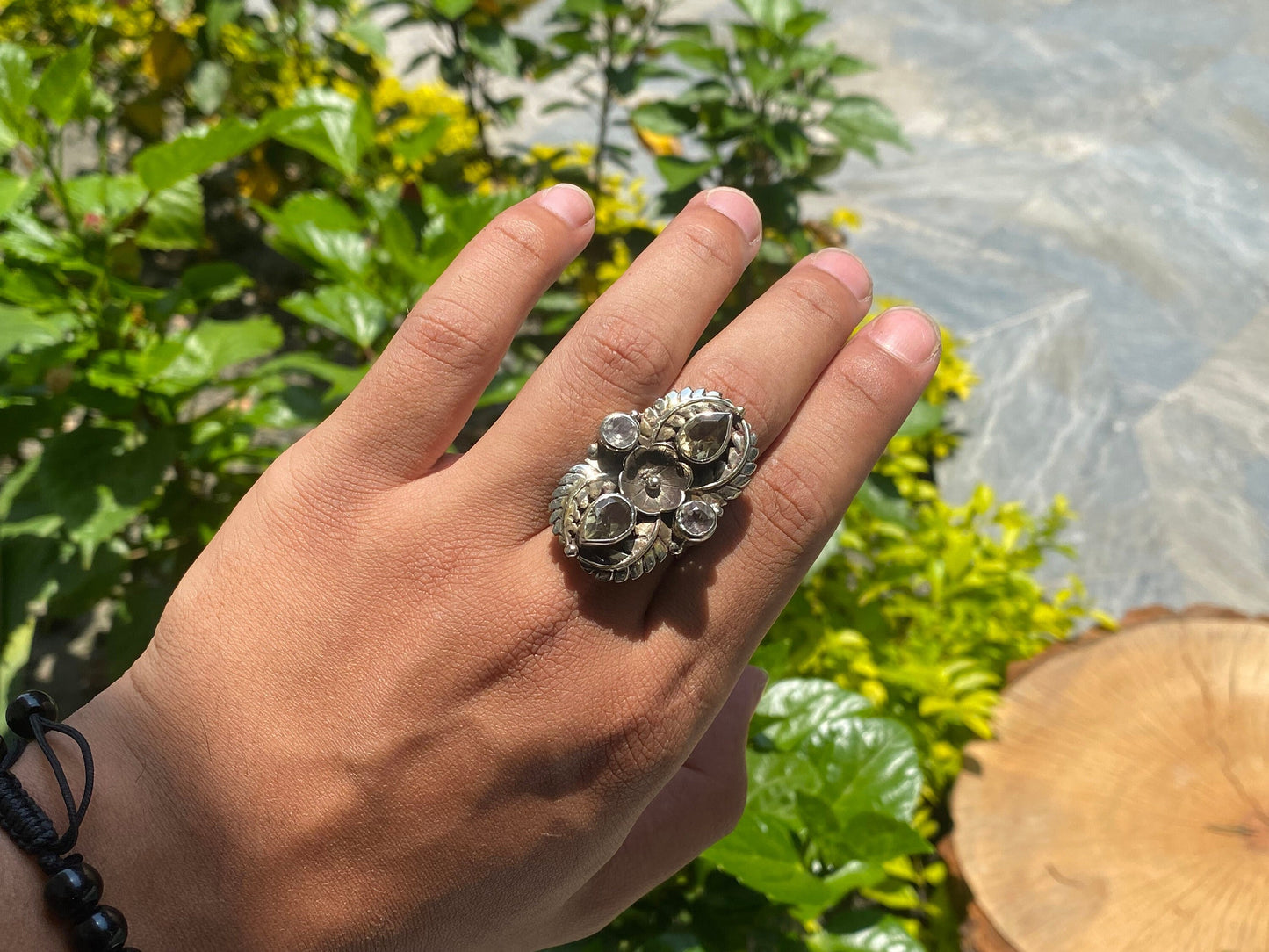 Handmade Tibetan Silver Ring adorned with Citrine and White Topaz.