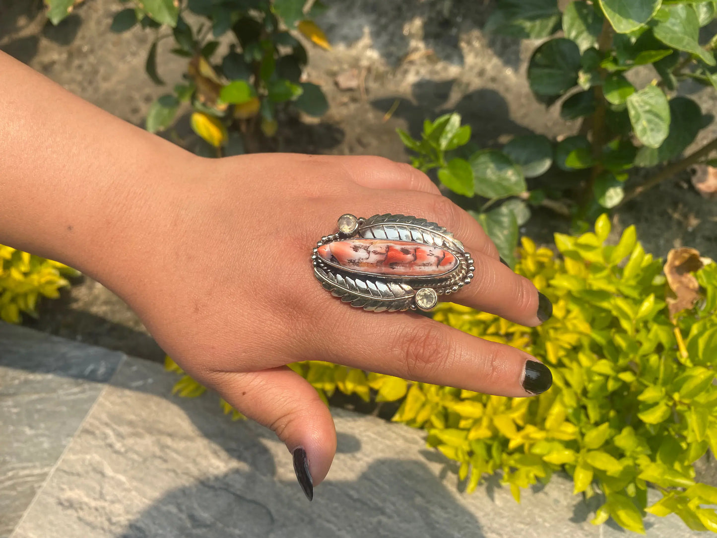 Adjustable spiny orange oyster ring, Tibetan Silver Ring, Handmade Ring, Hammered Ring, Hippie Ring.