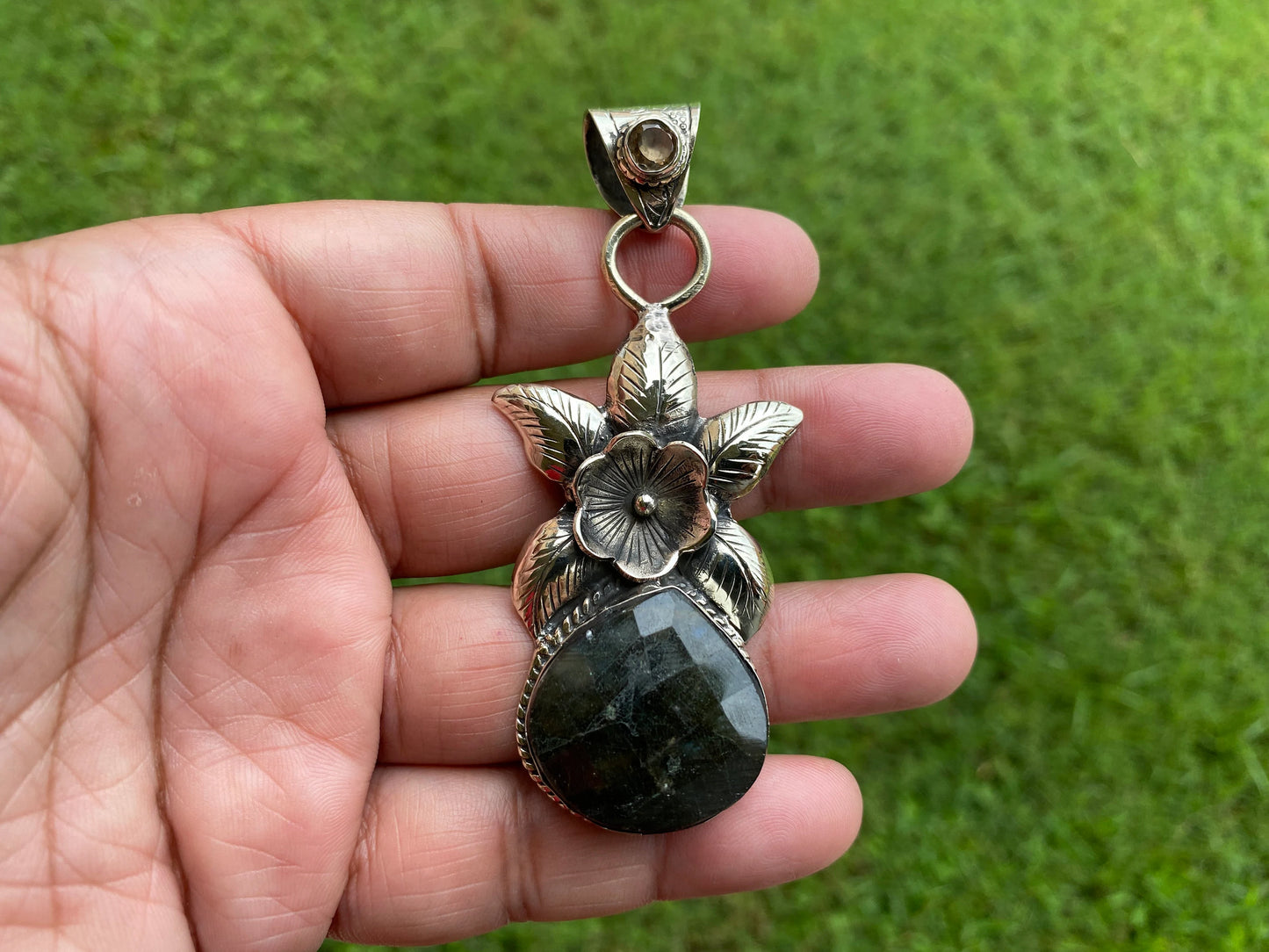 Healing Crystal Labradorite with Citrine Gemstone Necklace Pendant, Tibetan Silver, Labradorite Jewelry for Women, Handmade Gemstone Jewelry