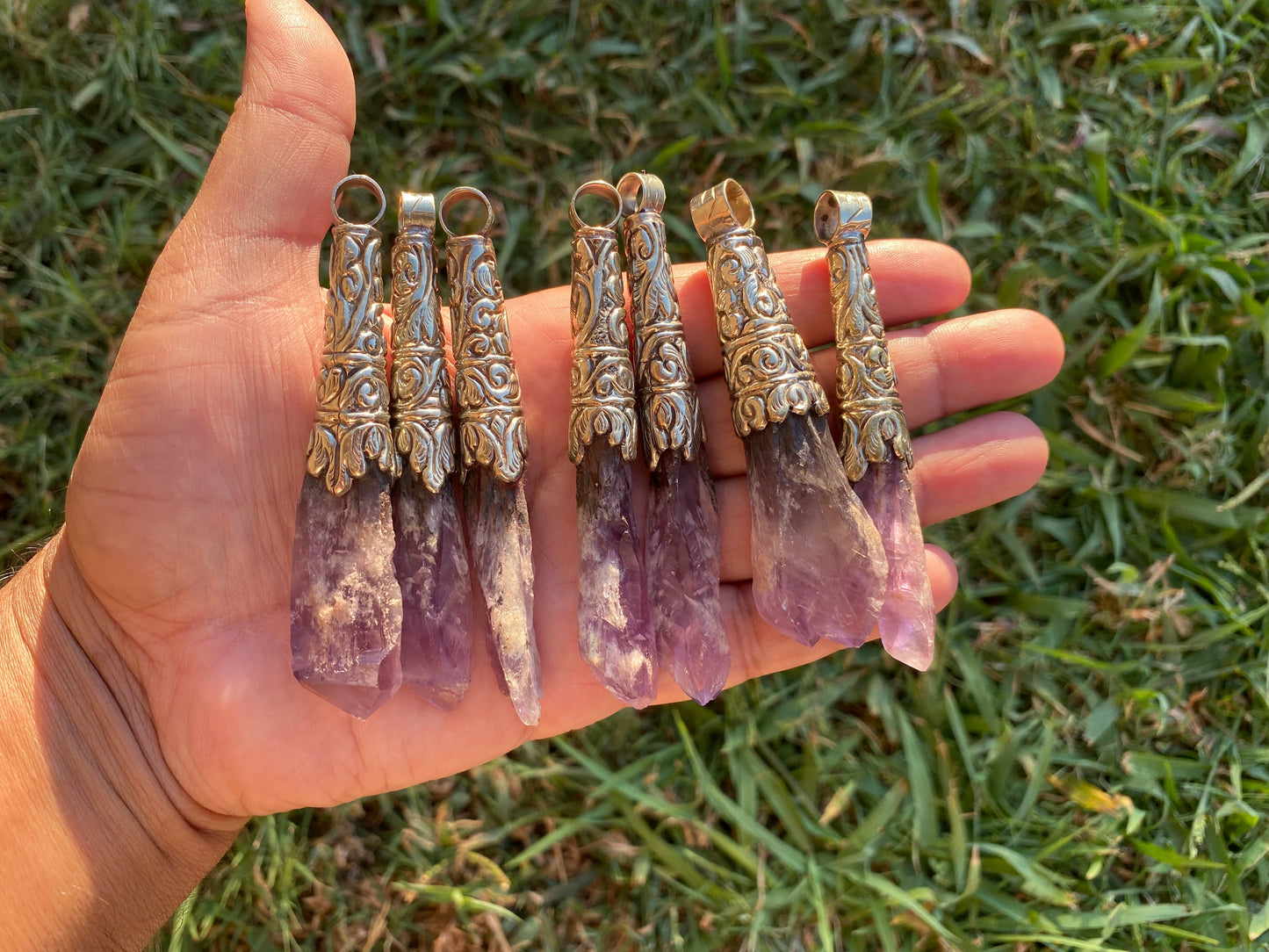 Long Shape Raw Amethyst Tibetan Silver Pendant, Natural Stone, Healing Crystal, Purple Crystal, Spiritual Gift, Energetic Protection