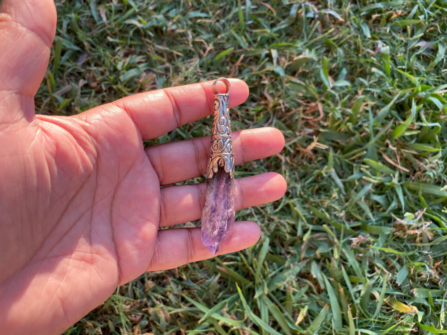 Long Shape Raw Amethyst Tibetan Silver Pendant, Natural Stone, Healing Crystal, Purple Crystal, Spiritual Gift, Energetic Protection