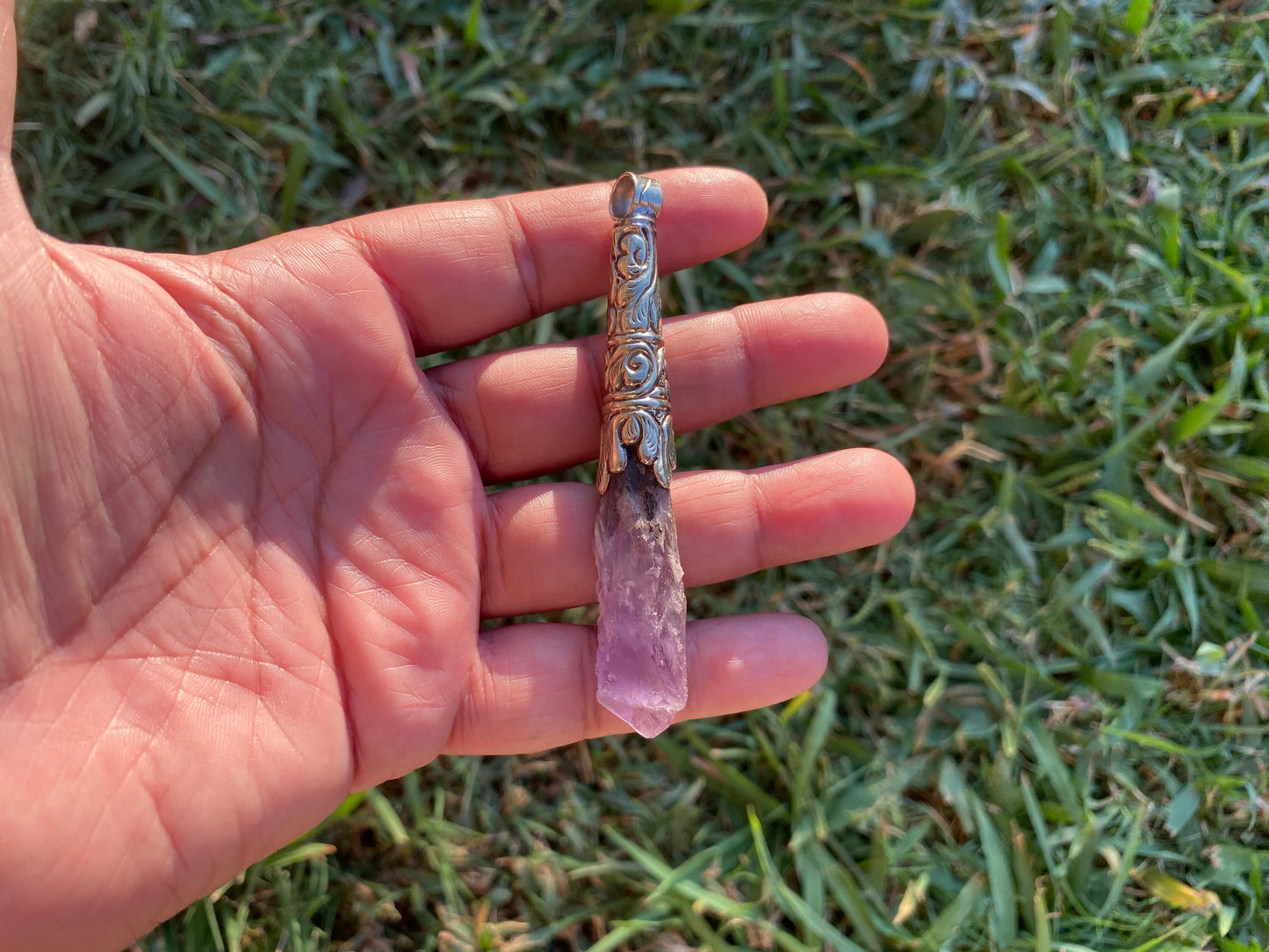 Long Shape Raw Amethyst Tibetan Silver Pendant, Natural Stone, Healing Crystal, Purple Crystal, Spiritual Gift, Energetic Protection