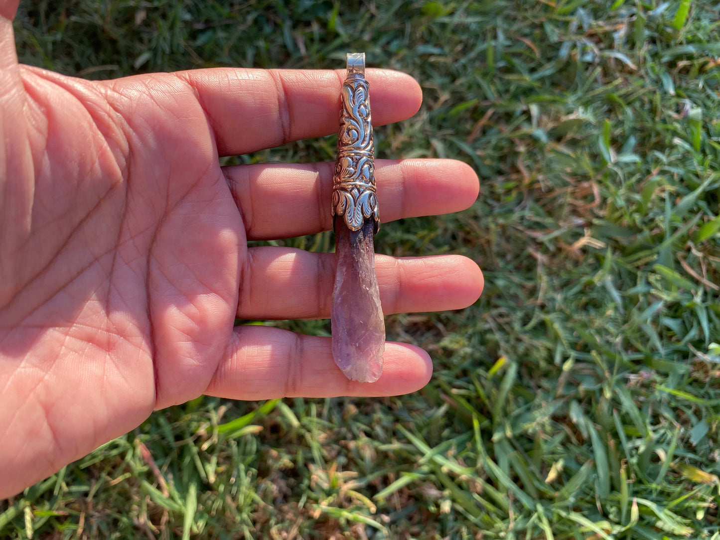Long Shape Raw Amethyst Tibetan Silver Pendant, Natural Stone, Healing Crystal, Purple Crystal, Spiritual Gift, Energetic Protection
