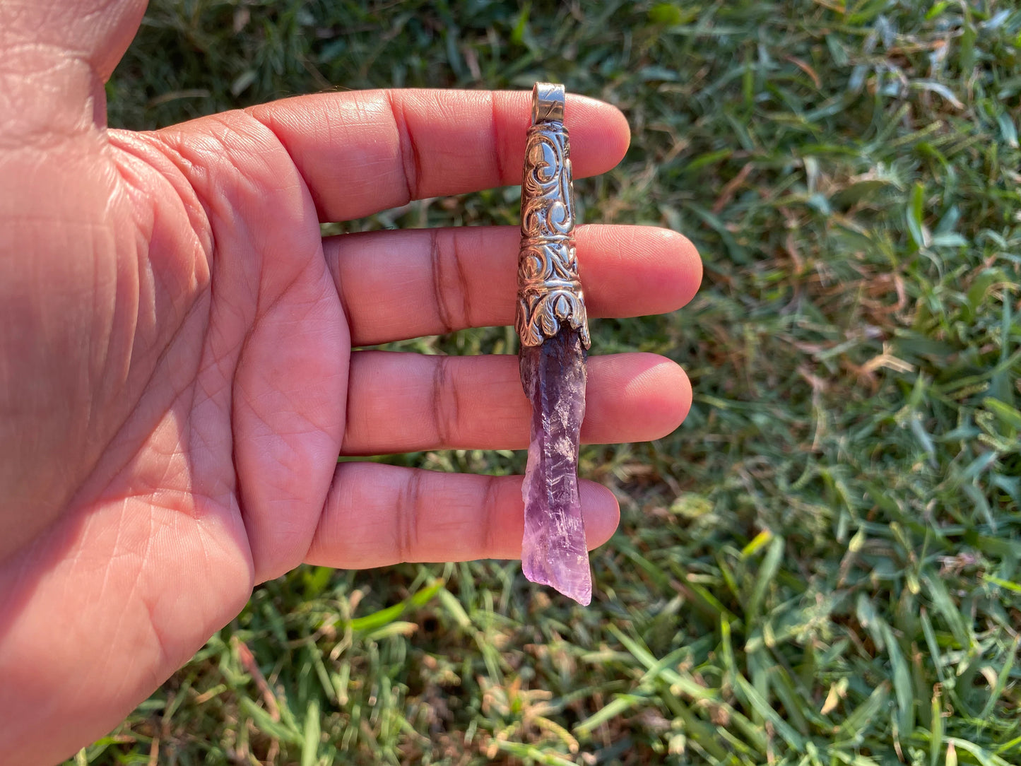 Long Shape Raw Amethyst Tibetan Silver Pendant, Natural Stone, Healing Crystal, Purple Crystal, Spiritual Gift, Energetic Protection