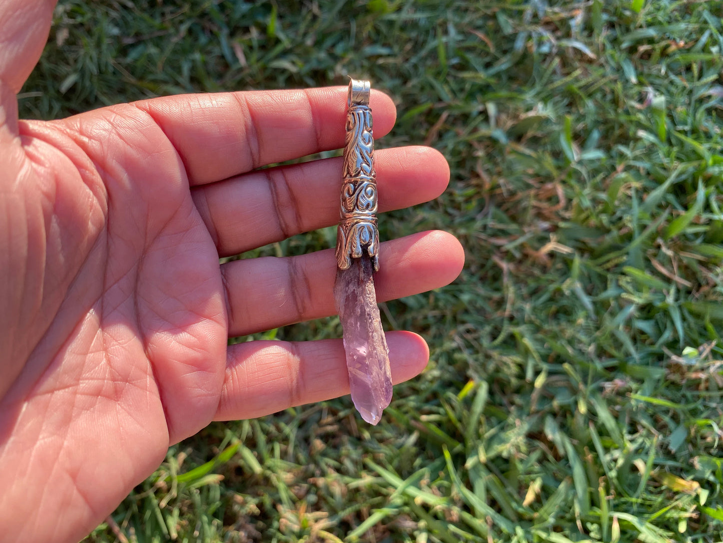 Long Shape Raw Amethyst Tibetan Silver Pendant, Natural Stone, Healing Crystal, Purple Crystal, Spiritual Gift, Energetic Protection
