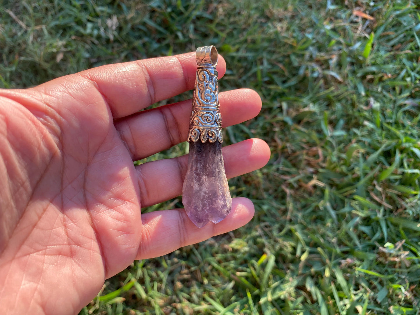Long Shape Raw Amethyst Tibetan Silver Pendant, Natural Stone, Healing Crystal, Purple Crystal, Spiritual Gift, Energetic Protection