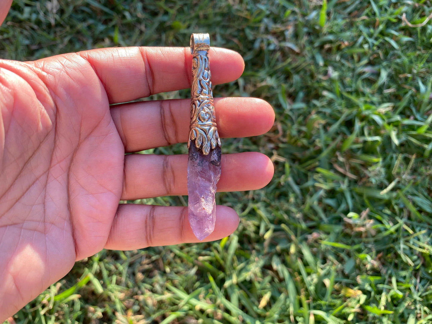 Long Shape Raw Amethyst Tibetan Silver Pendant, Natural Stone, Healing Crystal, Purple Crystal, Spiritual Gift, Energetic Protection