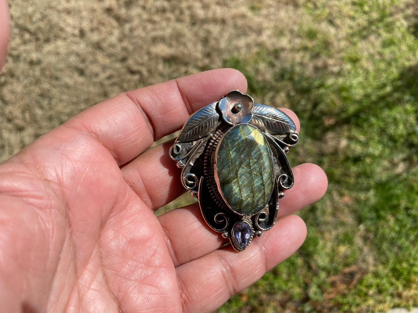 Natural Labradorite Tibetan Silver Pendant with Gemstone, Healing Crystal, Women Jewelry, Birthstone, Ethnic Jewelry, Natural Stone Pendant