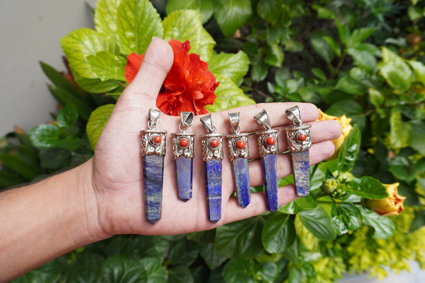 Lapis lazuli with Red Coral Tibetan Silver Pendant | Healing Jewelry, Nature-Inspired, Unisex Pointed Pendant for Daily Wear,Handmade Design