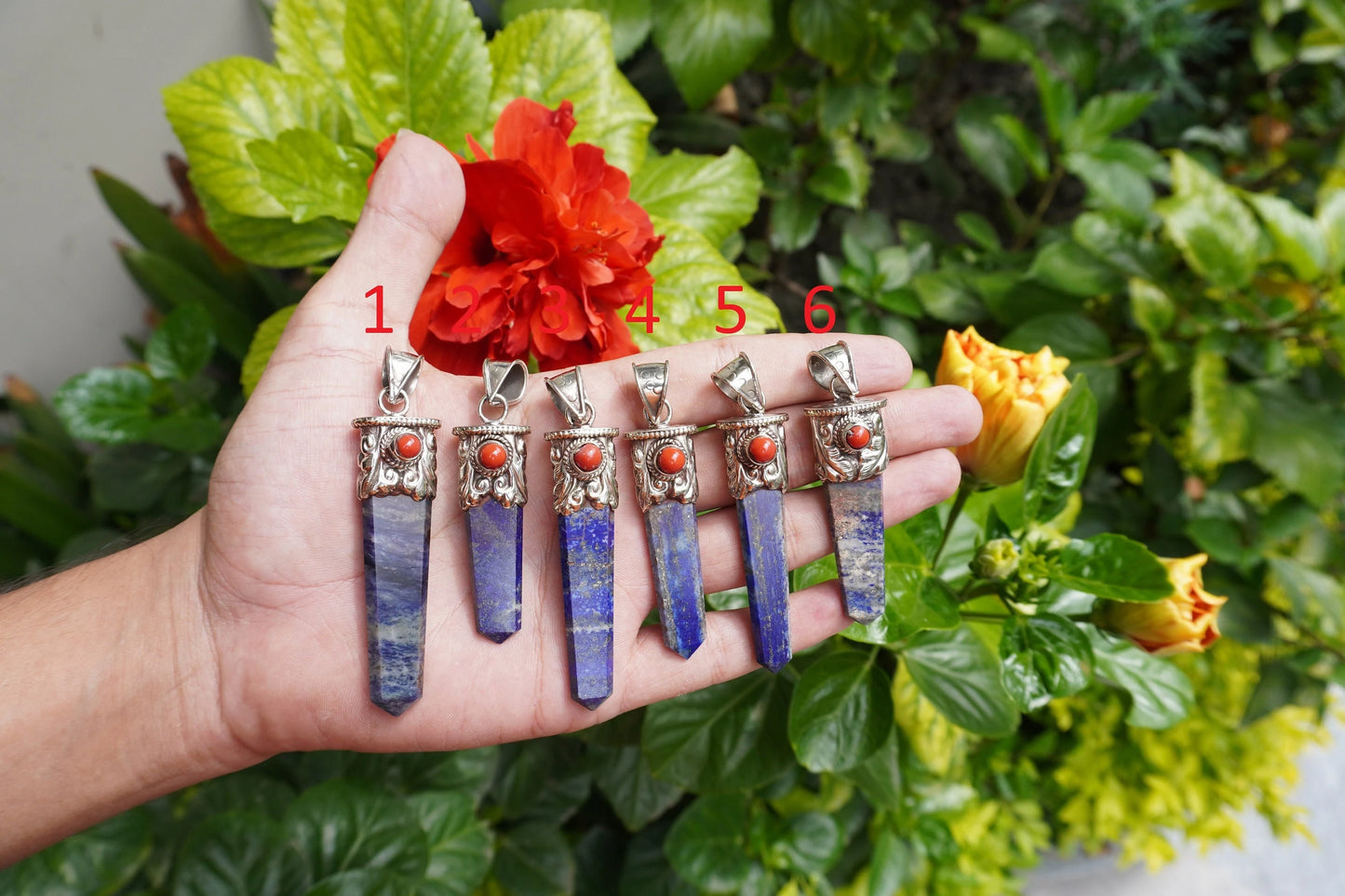 Lapis lazuli with Red Coral Tibetan Silver Pendant | Healing Jewelry, Nature-Inspired, Unisex Pointed Pendant for Daily Wear,Handmade Design