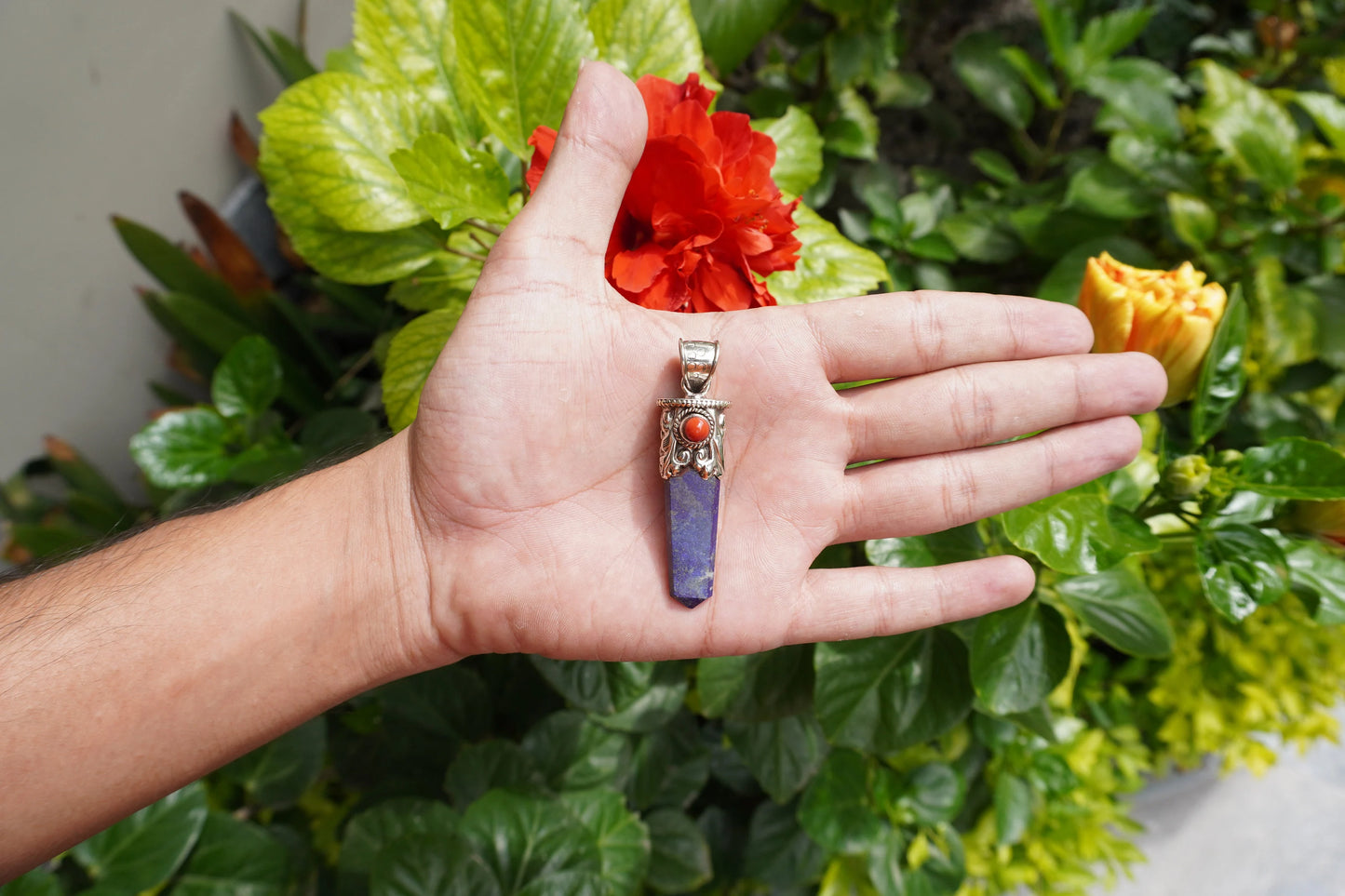 Lapis lazuli with Red Coral Tibetan Silver Pendant | Healing Jewelry, Nature-Inspired, Unisex Pointed Pendant for Daily Wear,Handmade Design