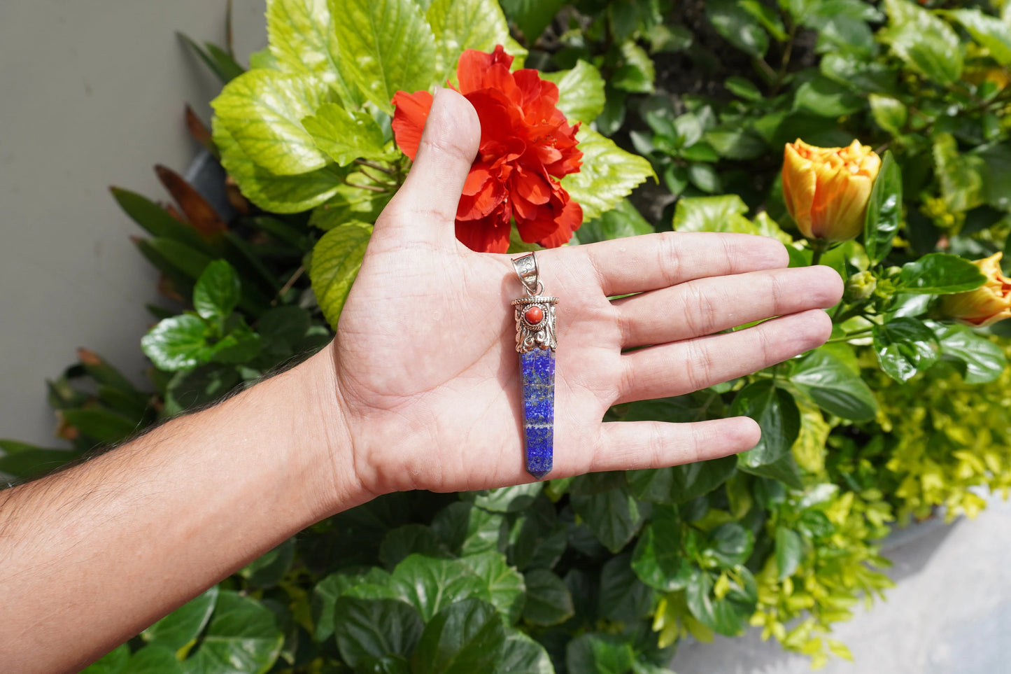Lapis lazuli with Red Coral Tibetan Silver Pendant | Healing Jewelry, Nature-Inspired, Unisex Pointed Pendant for Daily Wear,Handmade Design