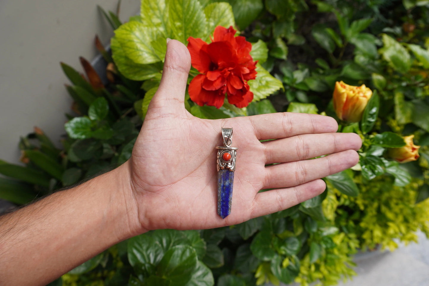 Lapis lazuli with Red Coral Tibetan Silver Pendant | Healing Jewelry, Nature-Inspired, Unisex Pointed Pendant for Daily Wear,Handmade Design