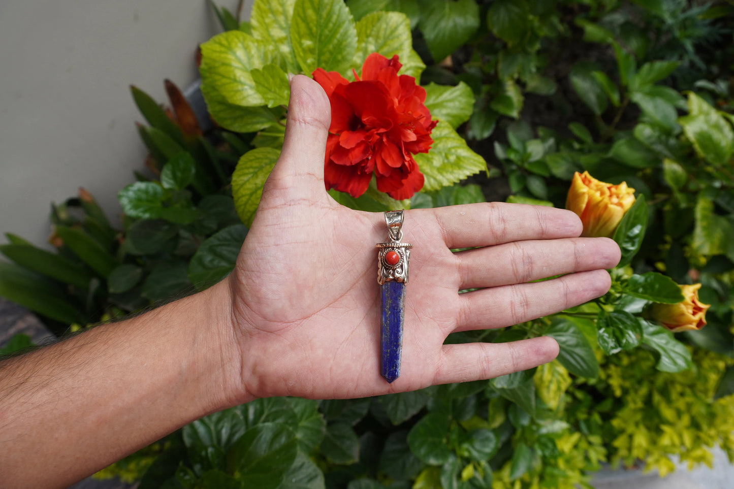 Lapis lazuli with Red Coral Tibetan Silver Pendant | Healing Jewelry, Nature-Inspired, Unisex Pointed Pendant for Daily Wear,Handmade Design