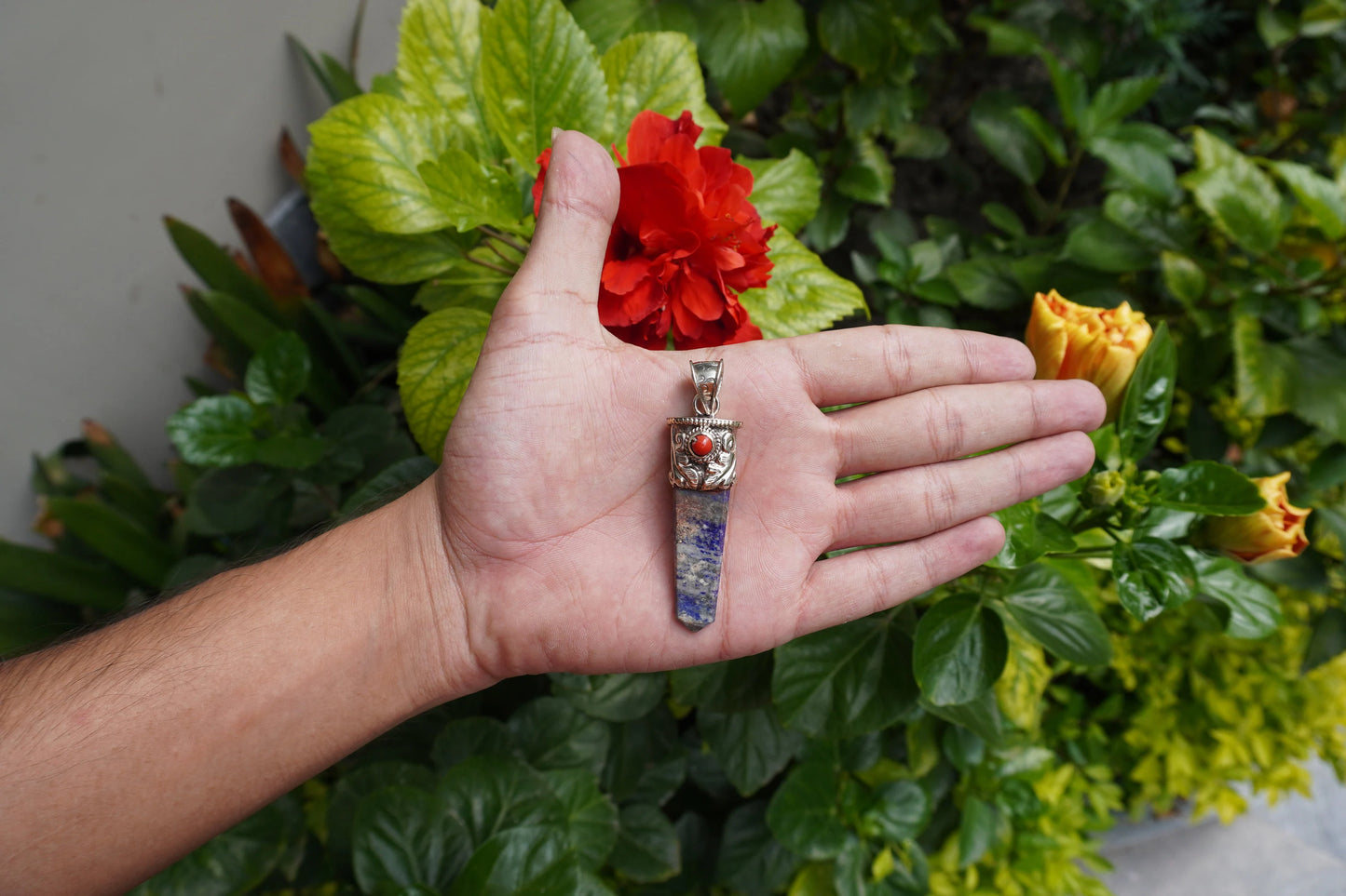 Lapis lazuli with Red Coral Tibetan Silver Pendant | Healing Jewelry, Nature-Inspired, Unisex Pointed Pendant for Daily Wear,Handmade Design